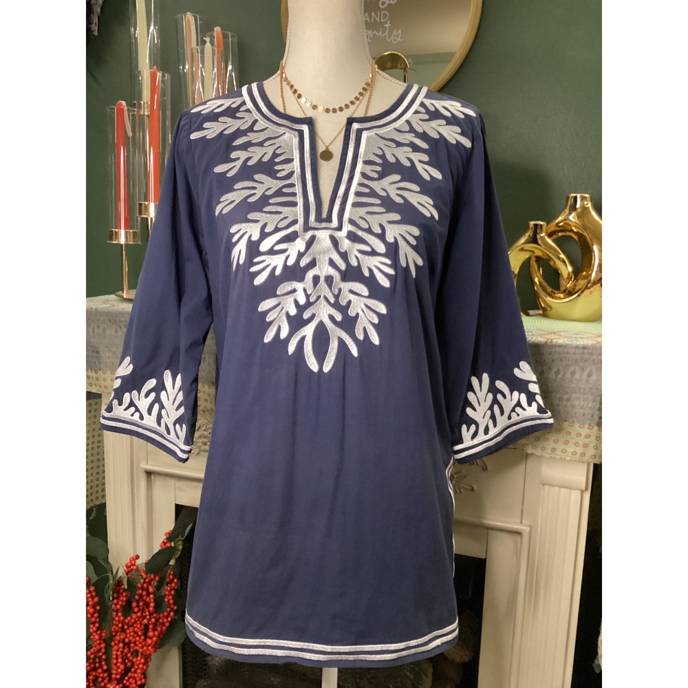Gretchen Scottβ Navy Blue Embroidered Cotton Tunic Top Split Neck Medium